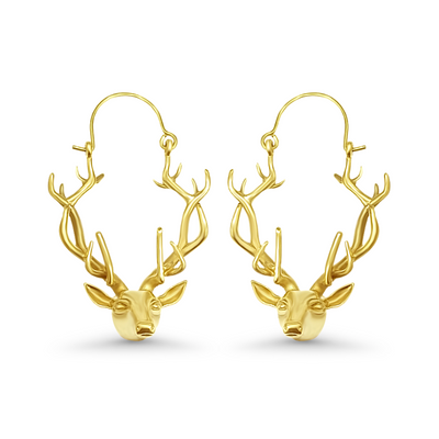 Gold deer antler hoop earrings with intricate design