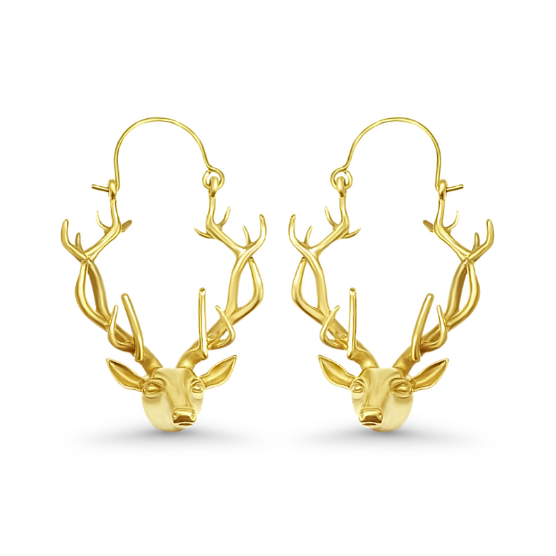 Gold deer antler hoop earrings with intricate design