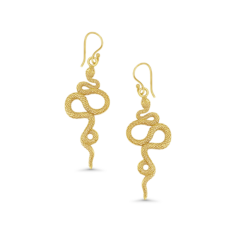 Serpent-inspired gold-plated earrings for a bold statement look.