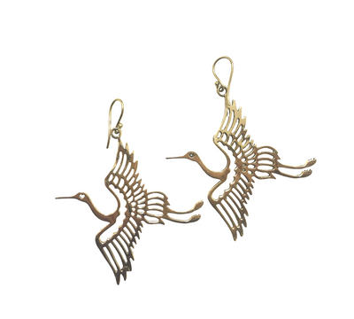 Elegant gold flying bird earrings displayed on a white background, featuring open-wing design symbolizing freedom and grace.
