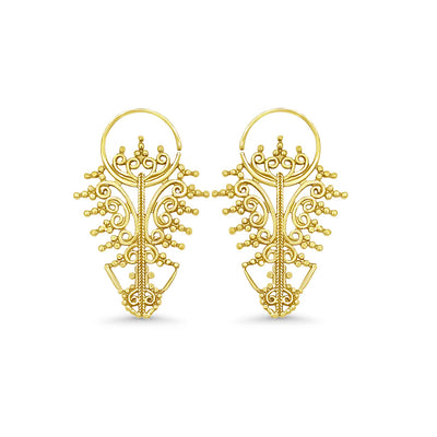 Gold-plated Devrali tribal hoop earrings displayed on white background, featuring intricate ethnic design and detailed handcrafted filigree work.
