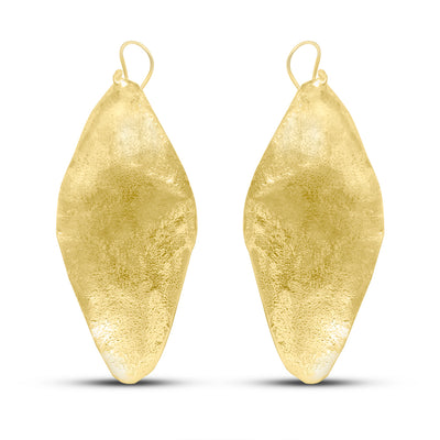 Long gold-plated Fulani leaf drop earrings with intricate detailing.