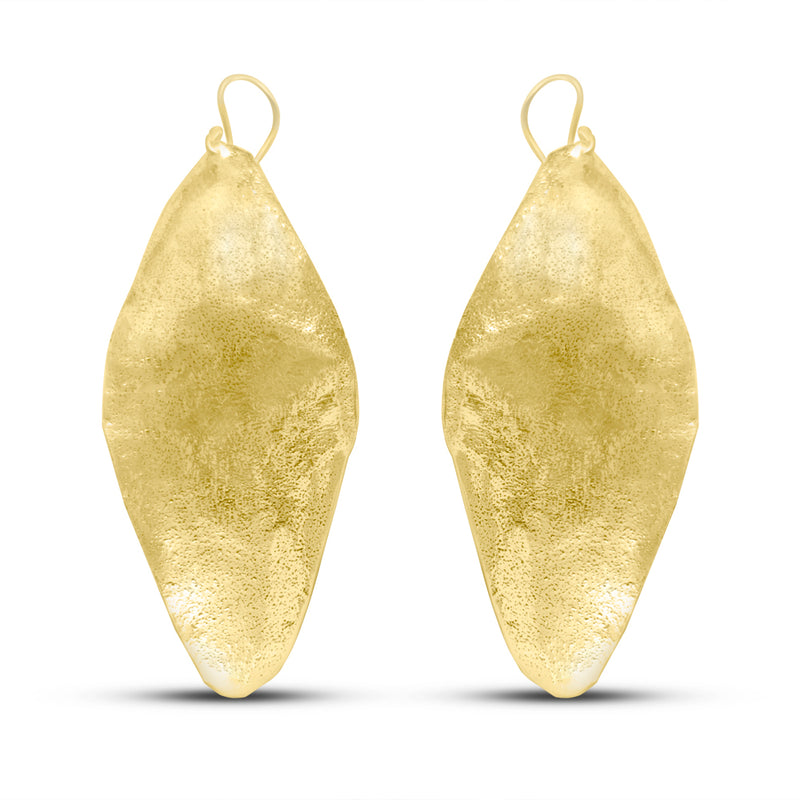 Long gold-plated Fulani leaf drop earrings with intricate detailing.