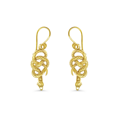 Elegant gold snake drop earrings displayed on white background, featuring coiled serpent design symbolizing strength and transformation.