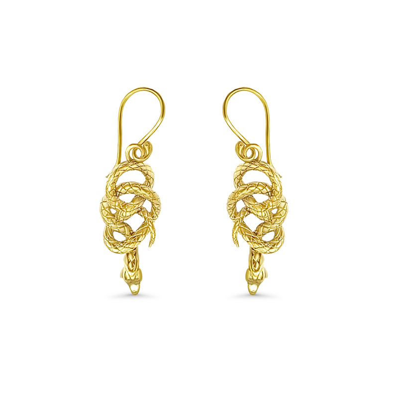 Elegant gold snake drop earrings displayed on white background, featuring coiled serpent design symbolizing strength and transformation.