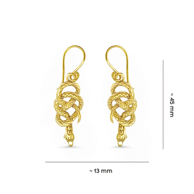 Gold snake-shaped drop earrings shown with size measurements, highlighting lightweight and statement-making craftsmanship.