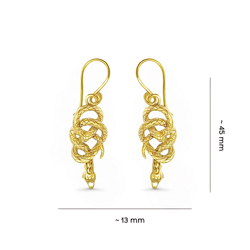 Gold snake-shaped drop earrings shown with size measurements, highlighting lightweight and statement-making craftsmanship.