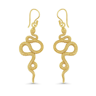 Oxidized gold snake dangle earrings with intricate etched design.