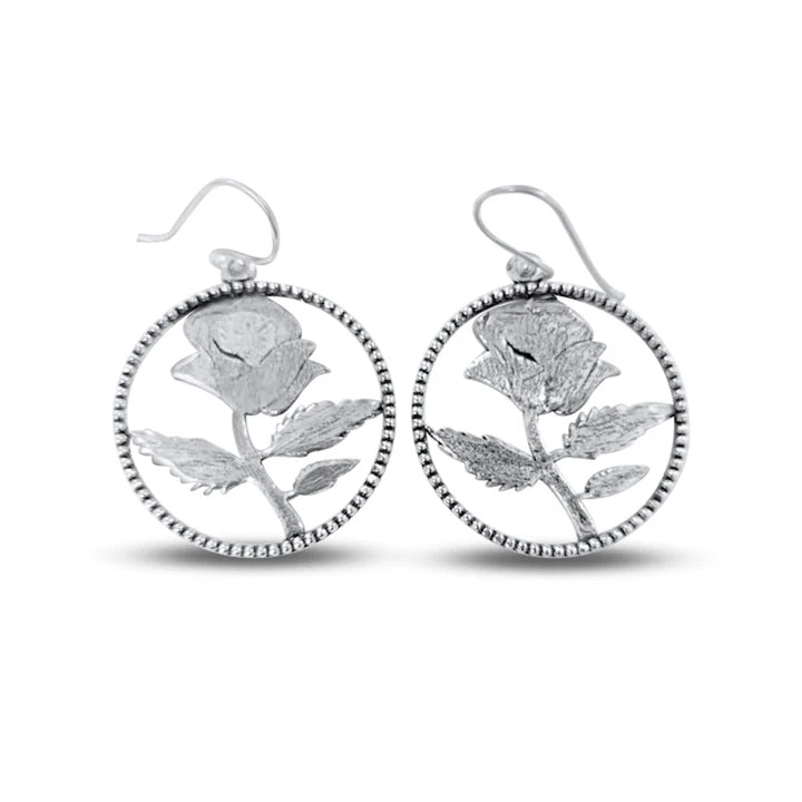 Rose Blossom Beaded Silver Plated Dangle Drop Earrings