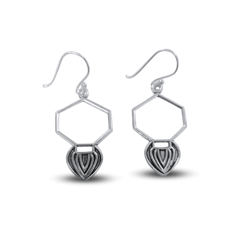 Hexagon Silver Dangle Drop Earrings