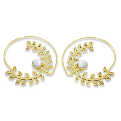 Moonstone Spiral Gold Leaf Center Pearl Earrings