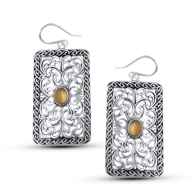 Silver Plated Rectangle Filigree Crystal Centre Fish Hook Earrings