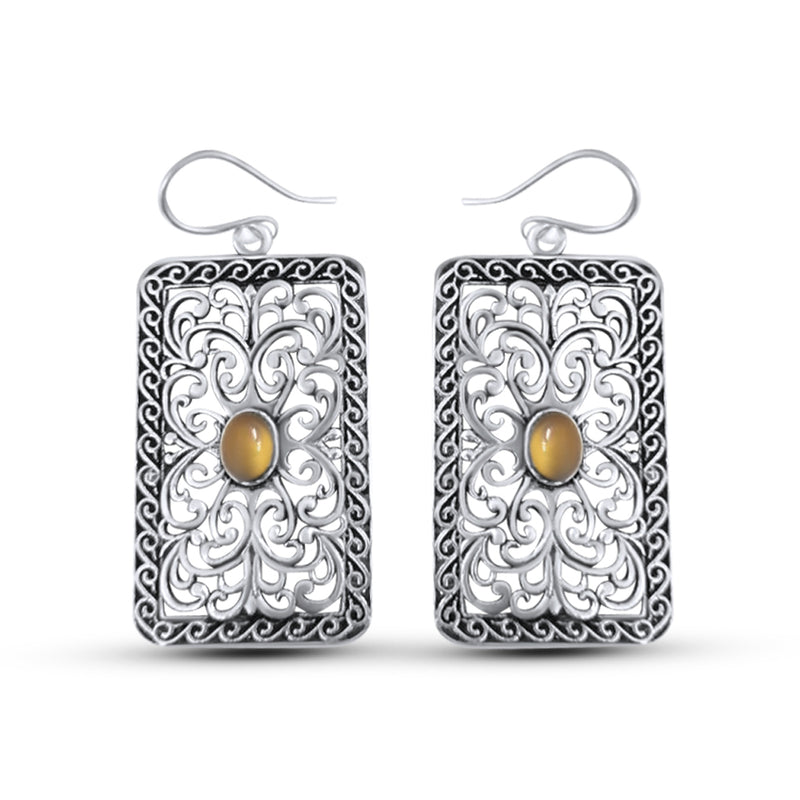 Silver Plated Rectangle Filigree Crystal Centre Fish Hook Earrings