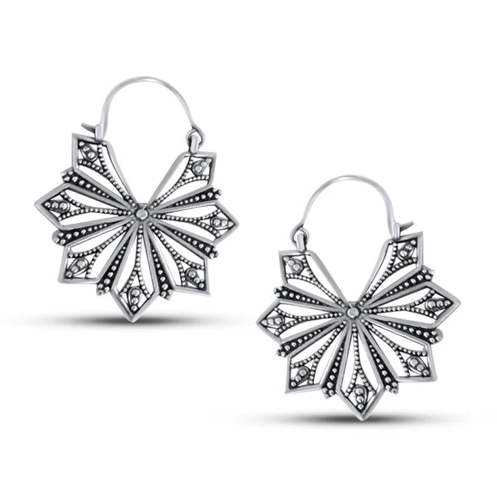 Vintage Geometric Beaded Flower Drop Hoop Earrings
