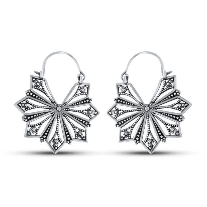 Vintage Geometric Beaded Flower Drop Hoop Earrings