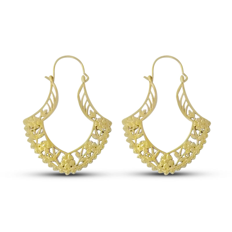 Gold Filled Tribal Flower Hoop Earrings 2.5"