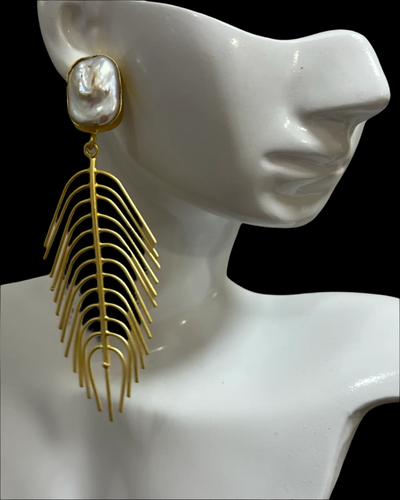 Botanical Majesty Statement Fern Earrings with Faux Pearls – (Gold)