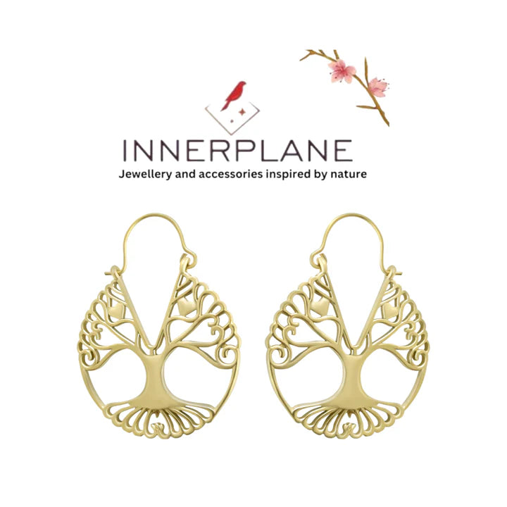 Gold Plated Brass Tree of Life Filigree Medium Sized Drop Hoop Earrings