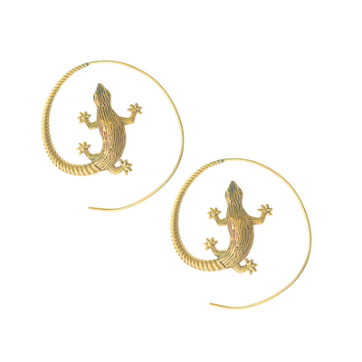 Gold lizard threader earrings displayed on white background, featuring intricate reptile design and circular hoop style