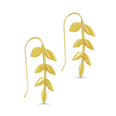 Elegant long gold-plated leaf drop earrings displayed on white background, featuring cascading leaf design and sleek polished finish.