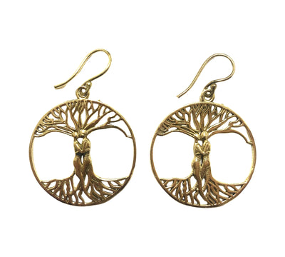 Gold Lovers Tree of Life earrings displayed on white background, featuring intertwined couple design symbolizing unity and balance.
