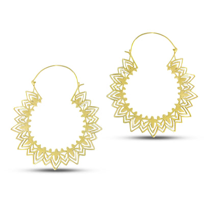 Mandala flower extra large gold-plated hoop earrings with intricate detailing.
