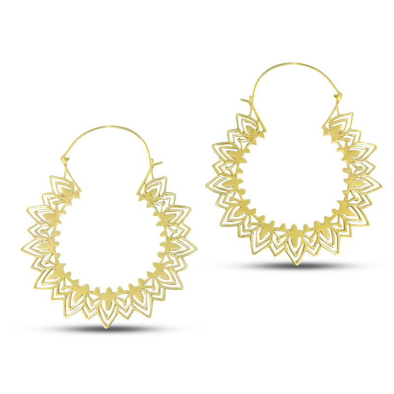 Mandala flower extra large gold-plated hoop earrings with intricate detailing.