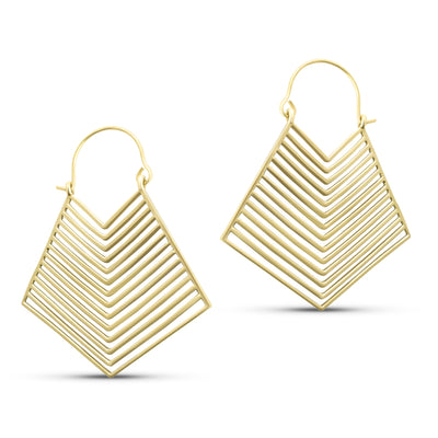Modern geometric layered brass gold hoop earrings displayed on white background, featuring sleek diamond-shaped minimalist design.