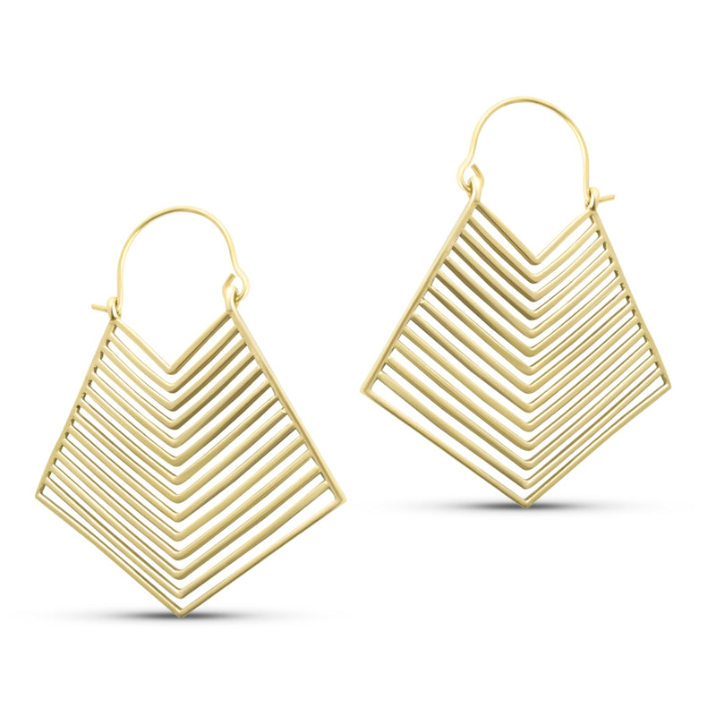 Modern geometric layered brass gold hoop earrings displayed on white background, featuring sleek diamond-shaped minimalist design.
