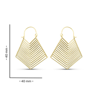 Gold geometric hoop earrings shown with size measurement, highlighting lightweight brass construction and layered symmetry.
