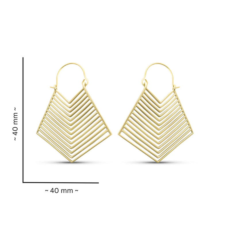 Gold geometric hoop earrings shown with size measurement, highlighting lightweight brass construction and layered symmetry.