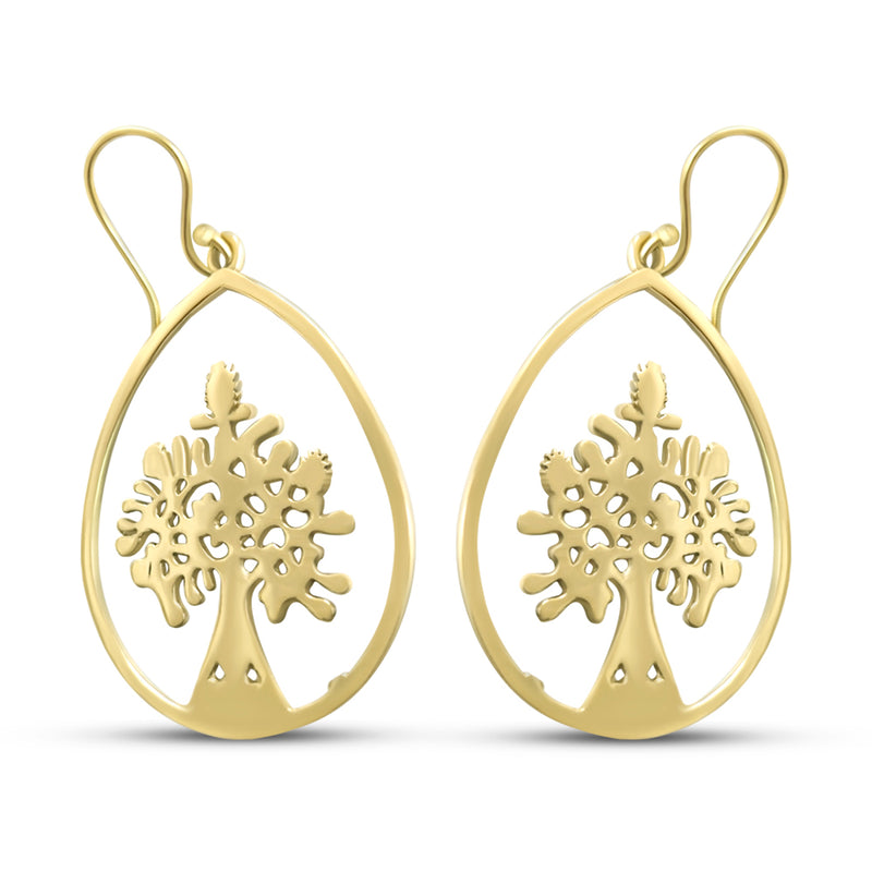 Gold Metal Tree of Life Teardrop Earrings 1.75"