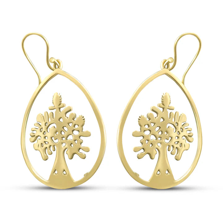Gold Metal Tree of Life Teardrop Earrings