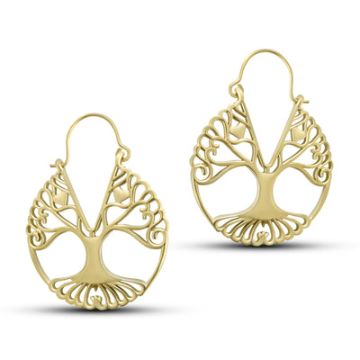 Gold Plated Brass Tree of Life Filigree Medium Sized Drop Hoop Earrings