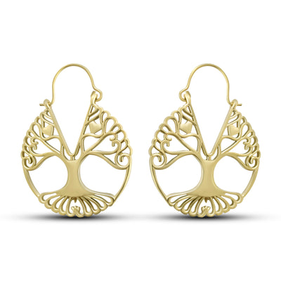 Gold Plated Brass Tree of Life Filigree Medium Sized Drop Hoop Earrings