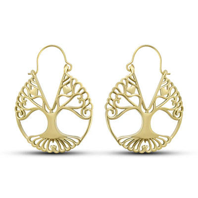 Gold Plated Brass Tree of Life Filigree Medium Sized Drop Hoop Earrings