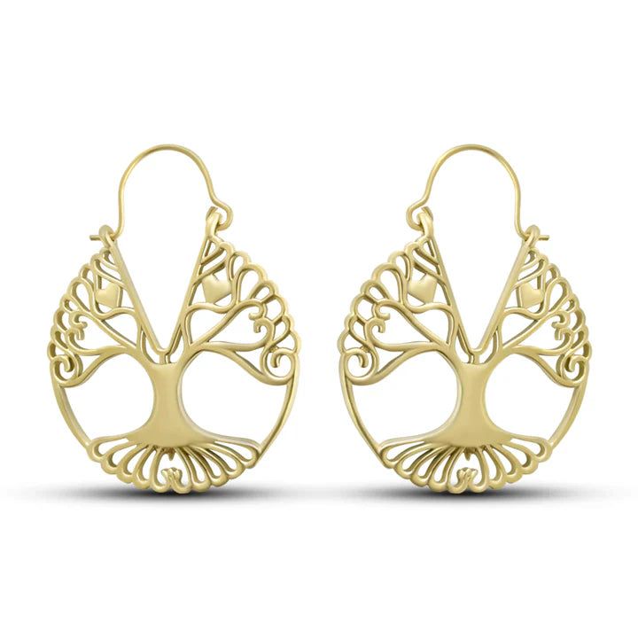 Gold Plated Brass Tree of Life Filigree Medium Sized Drop Hoop Earrings