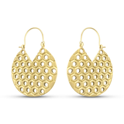 Gold Plated Honeycomb Drop Statement Hoop Earrings 1.75"