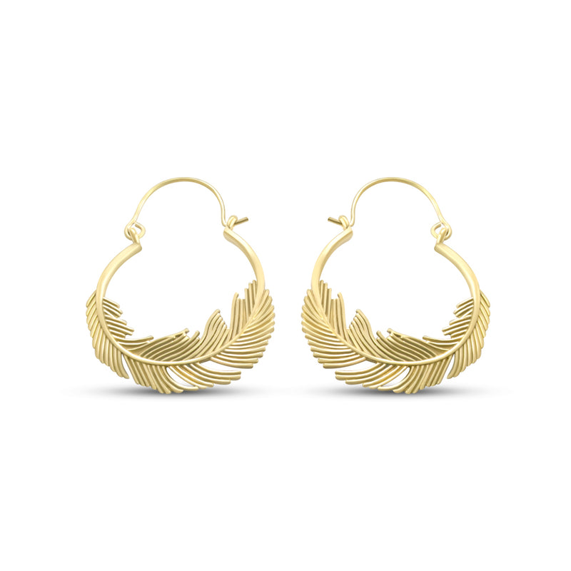 Gold Plated Feather Simple Hoop Earrings 1.65"