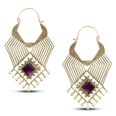 Large Beaded Geometric Design Purple Labradorite Stone Drop Earrings