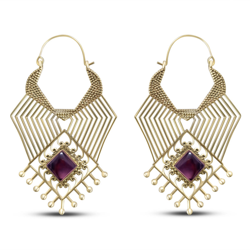 Large Beaded Geometric Design Purple Labradorite Stone Drop Earrings