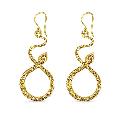 Gold-plated snake textured drop earrings displayed on white background, featuring intricate scales and curved loop design for a bold statement look.