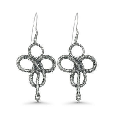 Silver-plated Viking tribal snake earrings displayed on white background, featuring intricate coiled serpent design with looped detailing.
