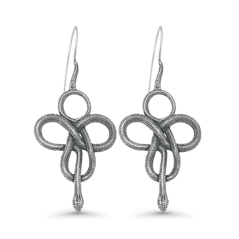 Silver-plated Viking tribal snake earrings displayed on white background, featuring intricate coiled serpent design with looped detailing.