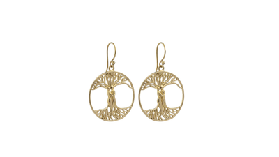 Gold plated Tree of Life earrings featuring an entwined couple design, nature-inspired bohemian jewelry, handcrafted symbolic love accessory.