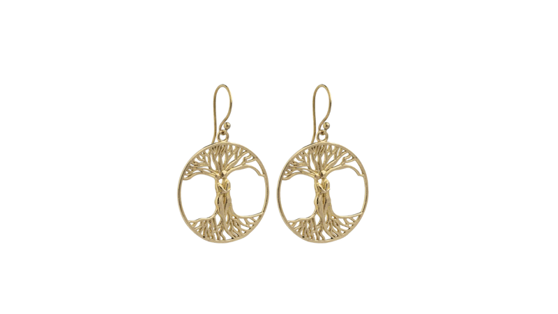 Gold plated Tree of Life earrings featuring an entwined couple design, nature-inspired bohemian jewelry, handcrafted symbolic love accessory.