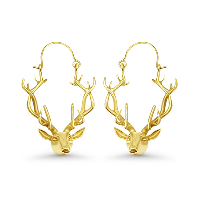 Gold Plated Reindeer Antler Head Dangle Hoop Earrings