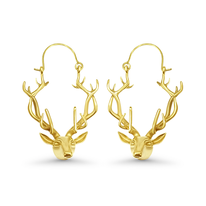 Gold Plated Reindeer Antler Head Dangle Hoop Earrings