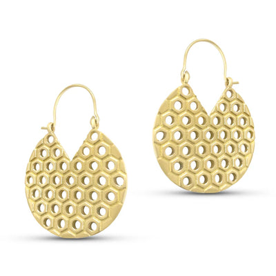 Angled view of Gold Plated Honeycomb Drop Statement Hoop Earrings showing detailed pattern.