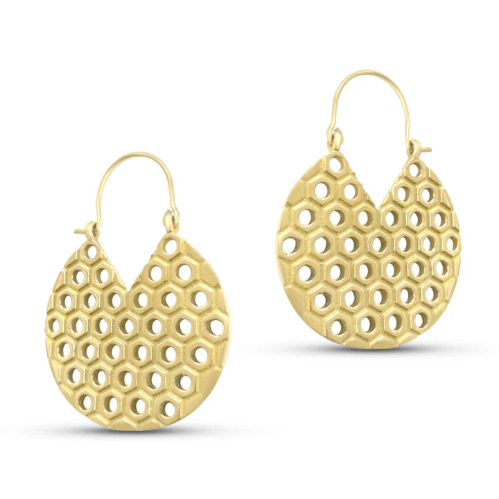 Angled view of Gold Plated Honeycomb Drop Statement Hoop Earrings showing detailed pattern.